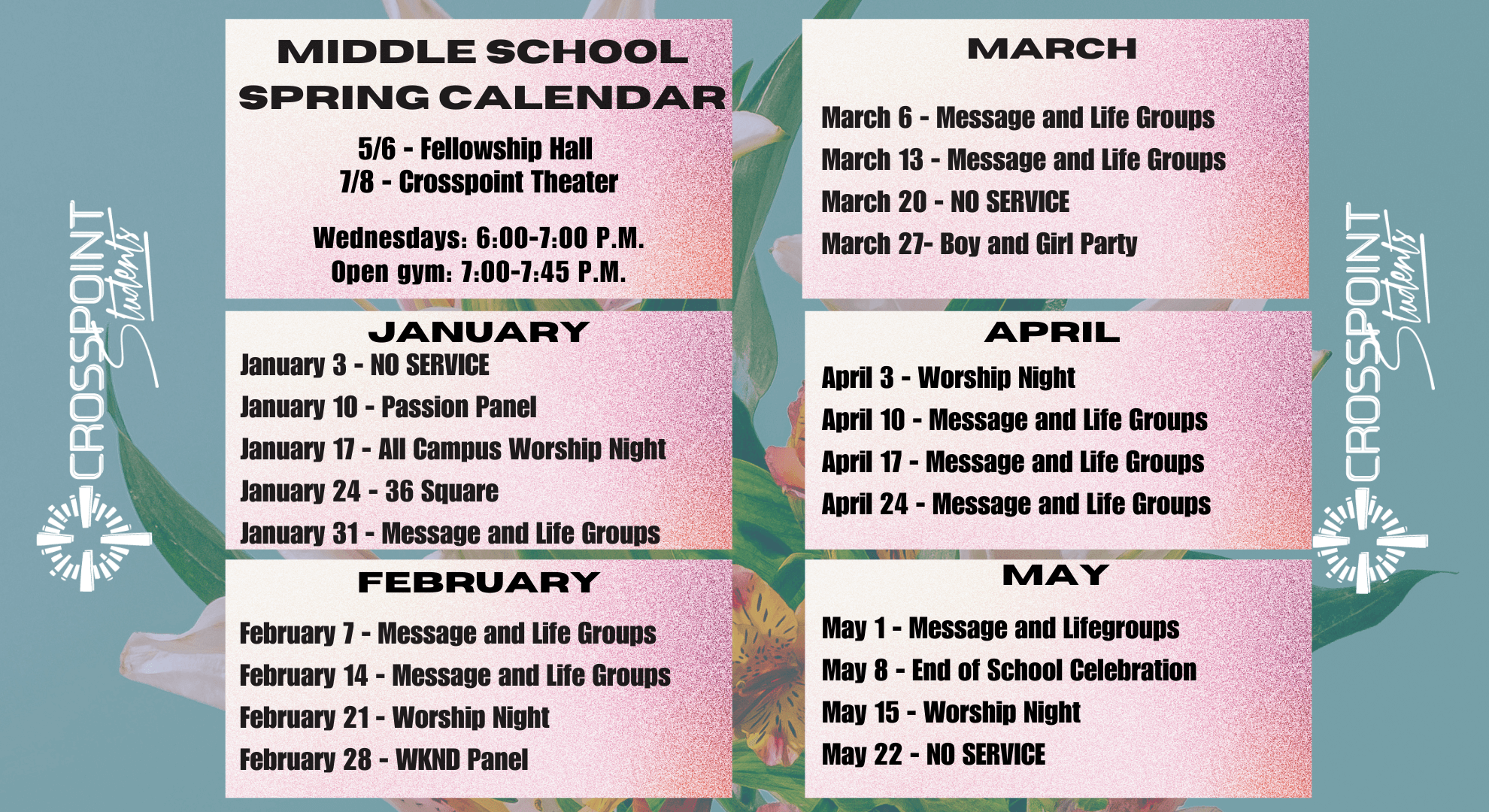 NV Middle School Spring 2024 calendar